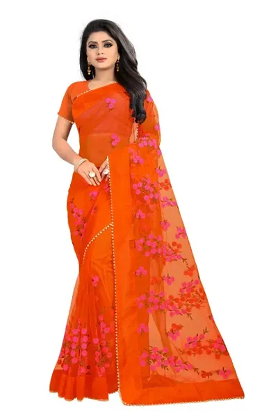 Net Floral Embroidered Sarees with Blouse Piece