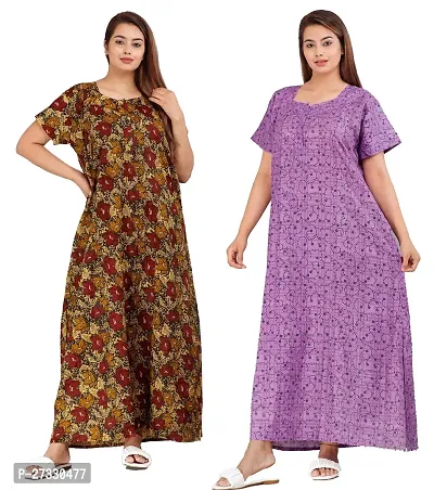 Elegant Multicoloured Cotton Printed Nighty For Women Pack Of 2