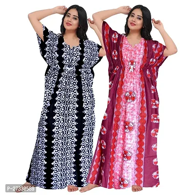 Elegant Multicoloured Cotton Printed Nighty For Women Pack Of 2-thumb0