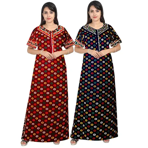 jwf Attractive Women's 100% Cotton Printed Nightwear Maternity Half Sleeves Maxi Gown Nightdresses (Combo Pack of 2)