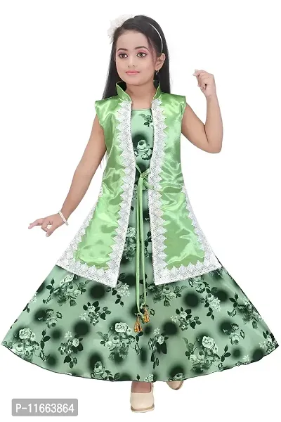 Unique Fashion Rayon Long Dress for Girls (Green, 9-10 Years)-thumb0