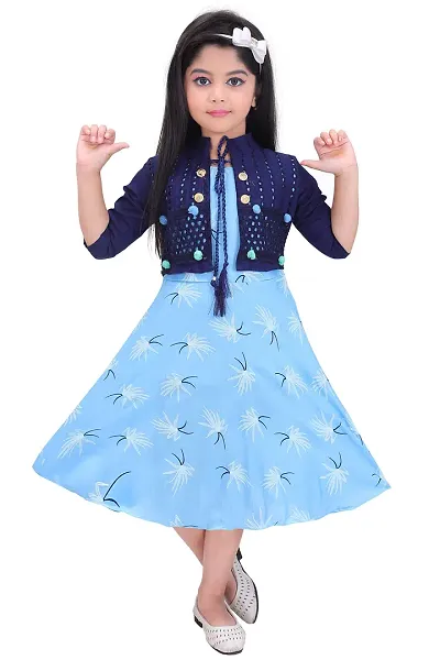 Unique Fashion Girls Rayon Midi Frock Dress with Jacket (Blue, 7-8 Years)