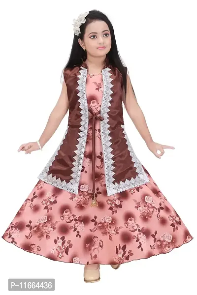 Unique Fashion Rayon Long Dress for Girls (Peach, 4-5 Years)