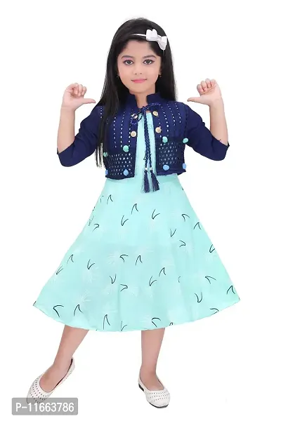 Unique Fashion Girls Rayon Midi Frock Dress with Jacket (Green, 4-5 Years)-thumb0