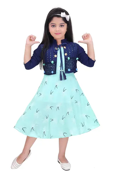 Unique Fashion Girls Rayon Midi Frock Dress with Jacket (Green, 4-5 Years)