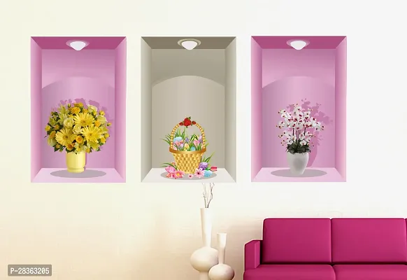 Stylish Multicoloured 3 Pieces 3D Beautiful Decal Flower Pot Design Stickers For Wall Decor-thumb0