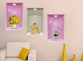 Stylish Multicoloured 3 Pieces 3D Beautiful Decal Flower Pot Design Stickers For Wall Decor-thumb2