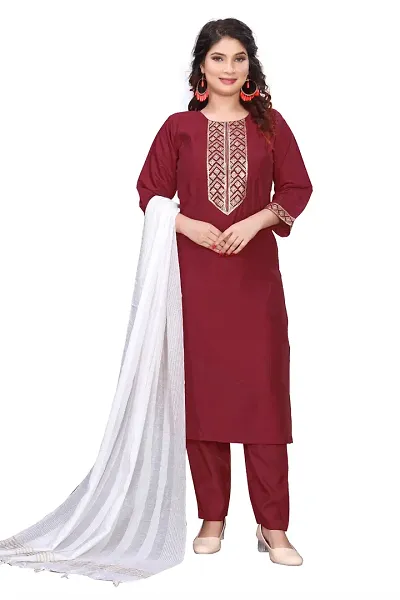 Fancy Silk Blend Kurta Bottom And Dupatta Set For Women