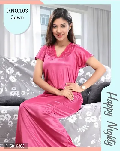 Stylish Satin Pink Solid Nighty For Women
