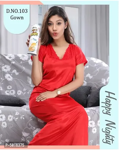 Stylish Satin Red Solid Nighty For Women