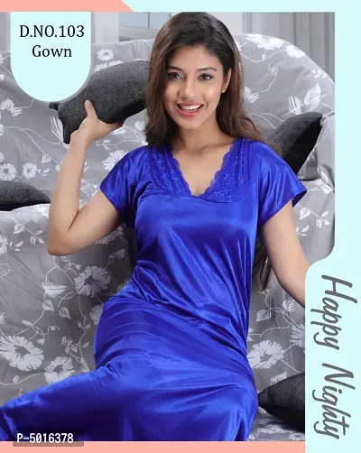 Stylish Satin Royal Blue Solid Nighty For Women