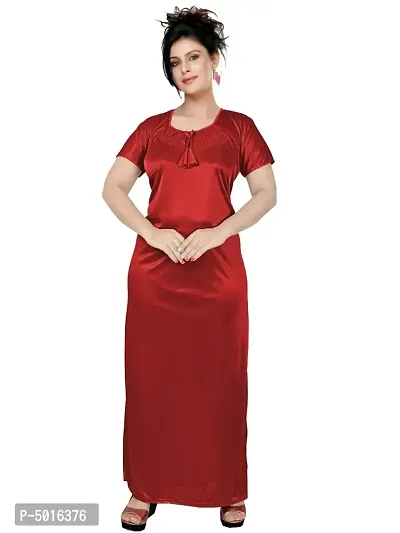 Stylish Satin Red Solid Nighty For Women-thumb0