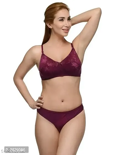 Maroon Cotton Spandex Bra Panty Set For Women's