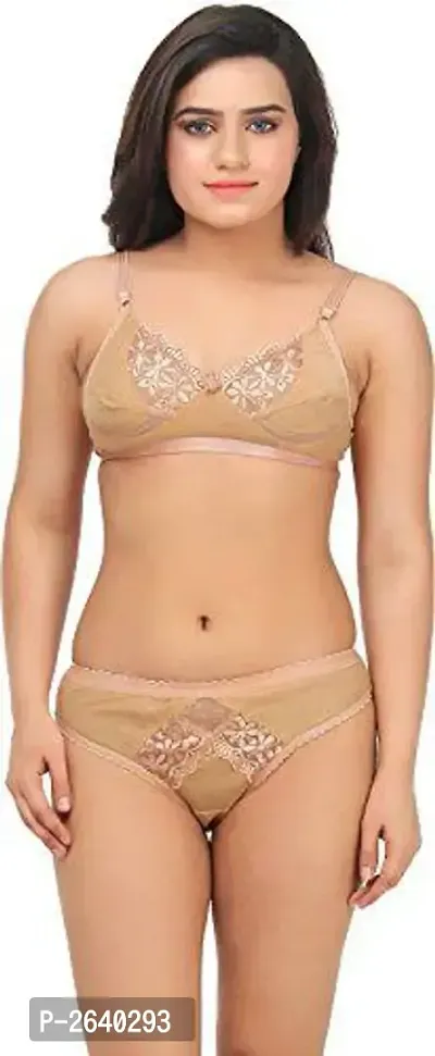Nude Solid Cotton with Net Lingerie Set-thumb0