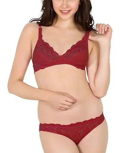 Women's Solid Cotton with Net Matching Bra Panty Set