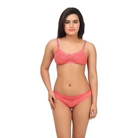 Women's Solid Cotton with Net Matching Bra Panty Set