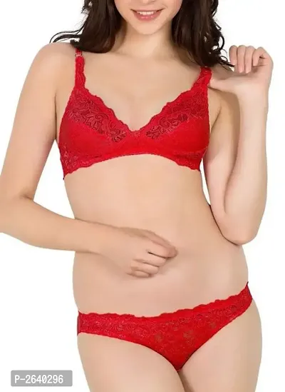 Red Solid Cotton with Net Lingerie Set