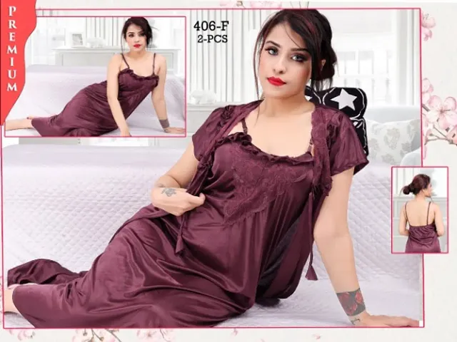 Trendy Satin Night Gown with Robe