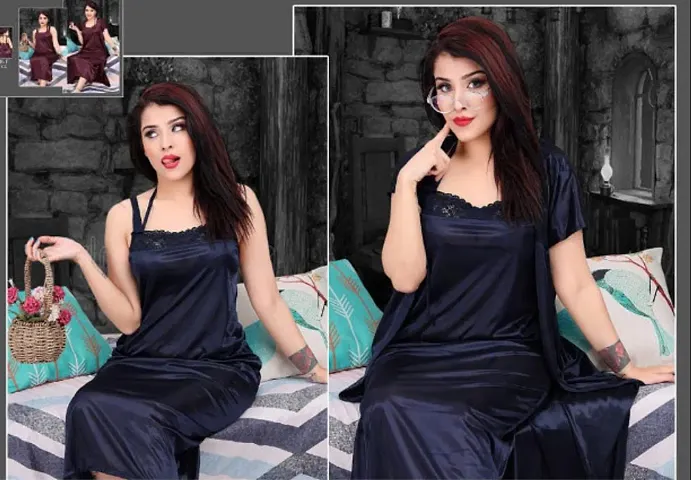 Fancy Satin Solid 2-IN-1 Night Gown With Robe