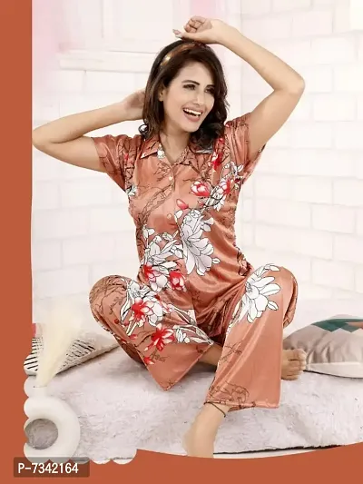 Elegant Printed Satin Night Suit Set For Women