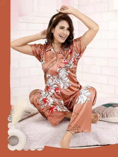 Elegant Printed Satin Night Suit Set For Women