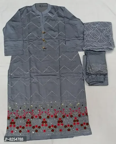 Stylish Fancy Cotton Silk Kurta With Pant And Dupatta Set For Women-thumb0