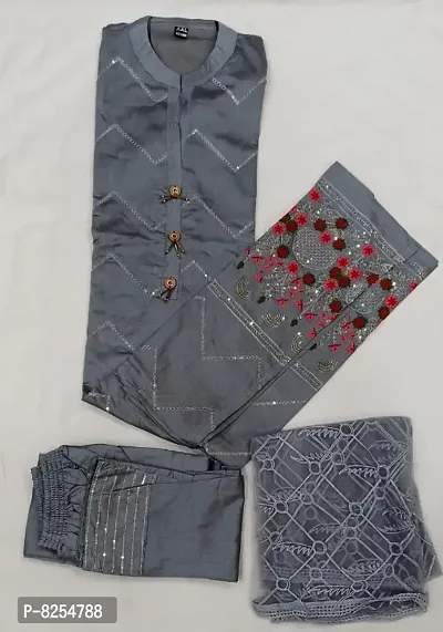 Stylish Fancy Cotton Silk Kurta With Pant And Dupatta Set For Women-thumb2