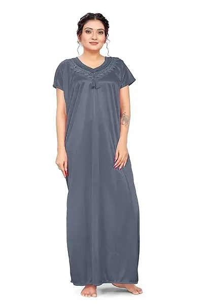 Women's Pure Lycra Satin Nighty Gown with V-Neck Design and Half Sleeves