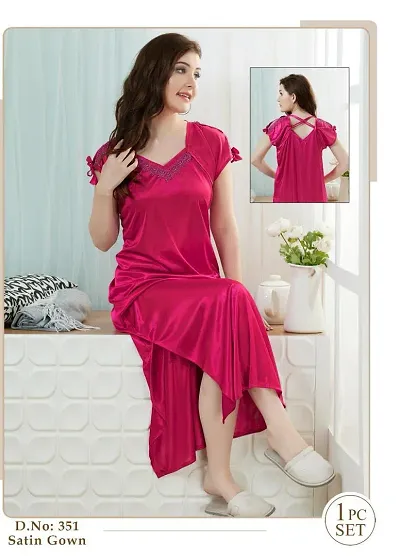 Stylish Satin Solid Gown Nightwear For Women