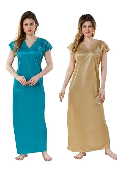 Stylish Satin Solid Nighty Gown for Women, Pack of 2