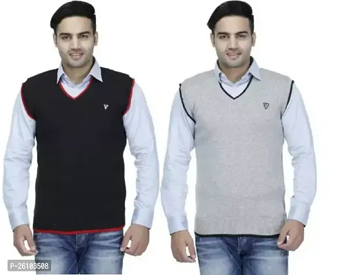 Stylish Multicoloured Wool Solid Sleeveless Sweater For Men Pack Of 2