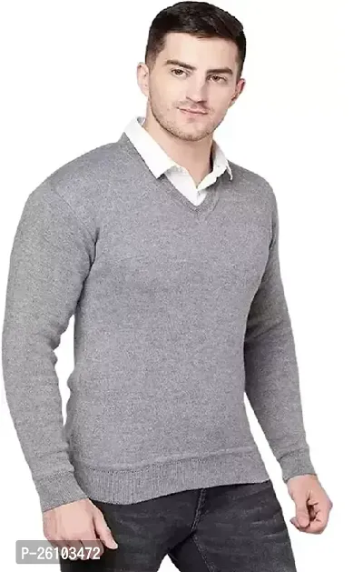 Stylish Grey Wool Solid Long Sleeves Sweater For Men-thumb0
