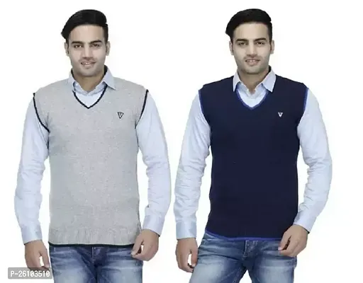 Stylish Multicoloured Wool Solid Sleeveless Sweater For Men Pack Of 2-thumb0