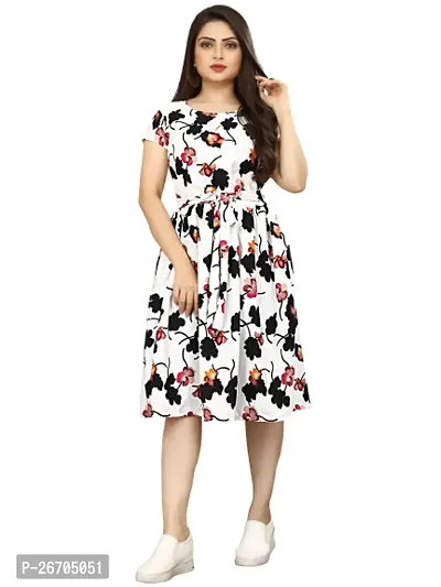 Stylish White Poly Crepe Printed A-Line Dress For Women-thumb0