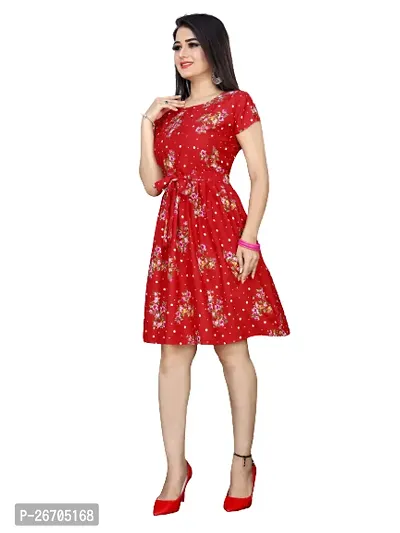 Stylish Red Poly Crepe Printed A-Line Dress For Women-thumb0