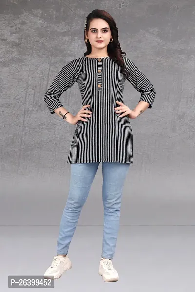 Attractive Multicoloured Striped Khadi Cotton Short Kurta For Women-thumb0