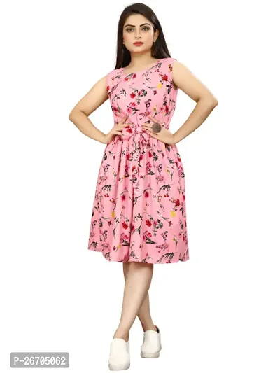 Stylish Pink Poly Crepe Printed A-Line Dress For Women-thumb0