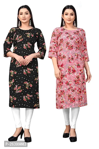 Attractive Multicoloured Printed Crepe Straight Kurta Pack Of 2