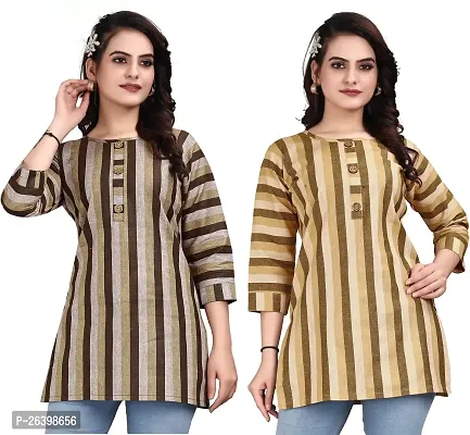 Attractive Multicoloured Striped Cotton Linen Short Kurta Pack Of 2-thumb0