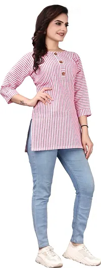 Attractive Pink Striped Cotton Linen Short Kurta For Women-thumb2