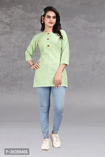 Attractive Green Striped Khadi Cotton Short Kurta For Women