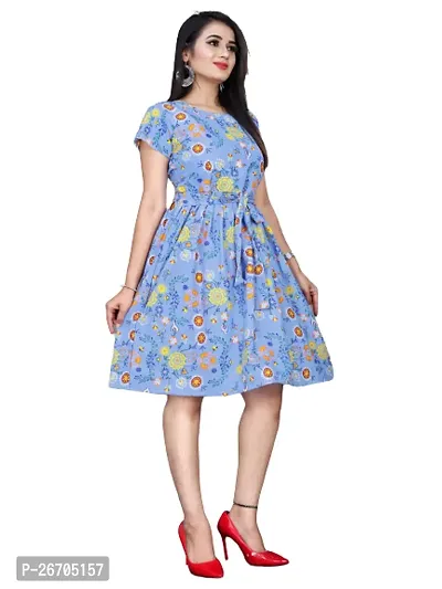Stylish Blue Poly Crepe Printed A-Line Dress For Women