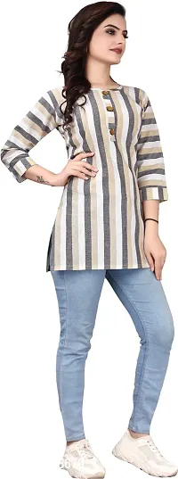 Attractive Grey Striped Khadi Cotton Short Kurta For Women-thumb3