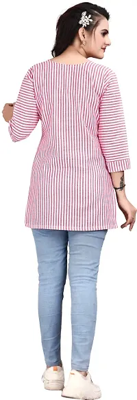 Attractive Pink Striped Cotton Linen Short Kurta For Women-thumb1