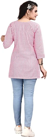 Attractive Pink Striped Cotton Linen Short Kurta For Women-thumb2