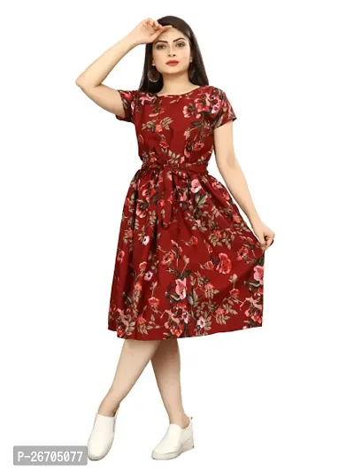 Stylish Maroon Poly Crepe Printed A-Line Dress For Women