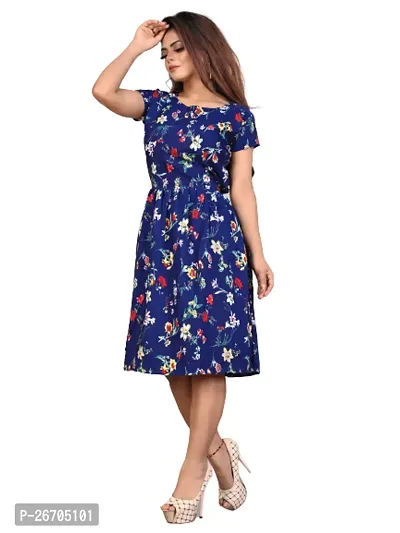 Stylish Blue Poly Crepe Printed A-Line Dress For Women-thumb0