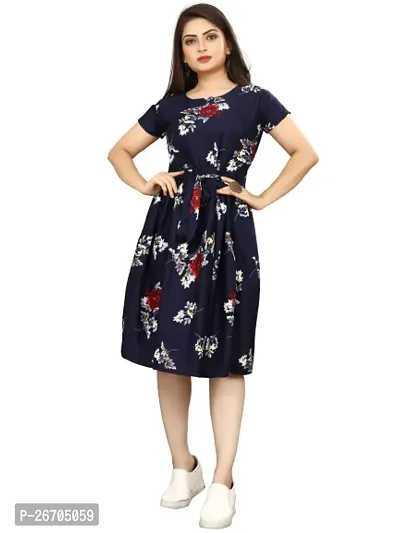 Stylish Blue Poly Crepe Printed A-Line Dress For Women-thumb0