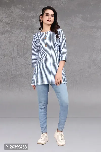 Attractive Blue Striped Khadi Cotton Short Kurta For Women
