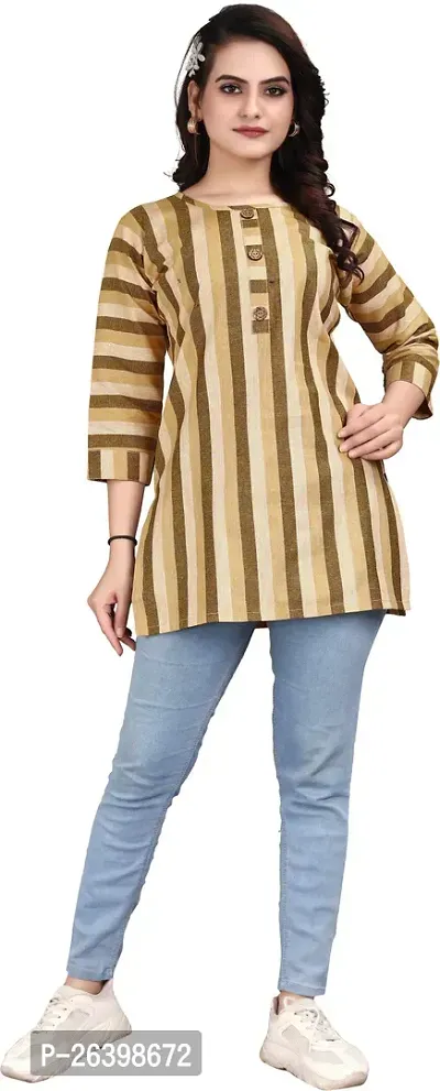 Attractive Yellow Striped Khadi Cotton Short Kurta For Women-thumb0